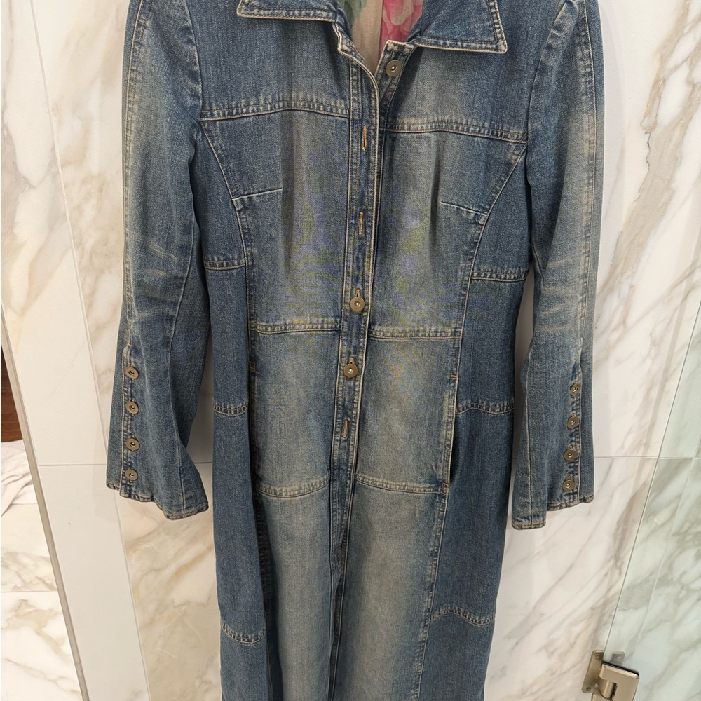 John Carlisle- Long Denim Coat Trench Style Floral Cherry Lining Size Small